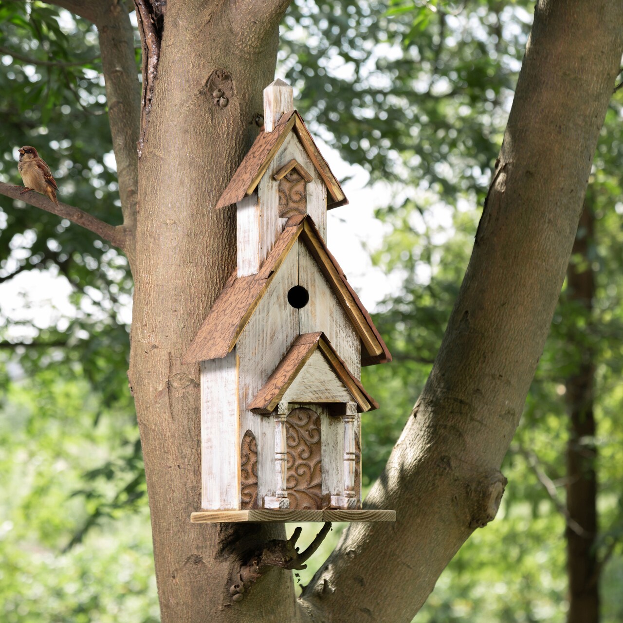 Set of 2 23.5"H Oversized Washed White Distressed Solid Wood 3-Story Villa Decorative Outdoor Garden Birdhouse
